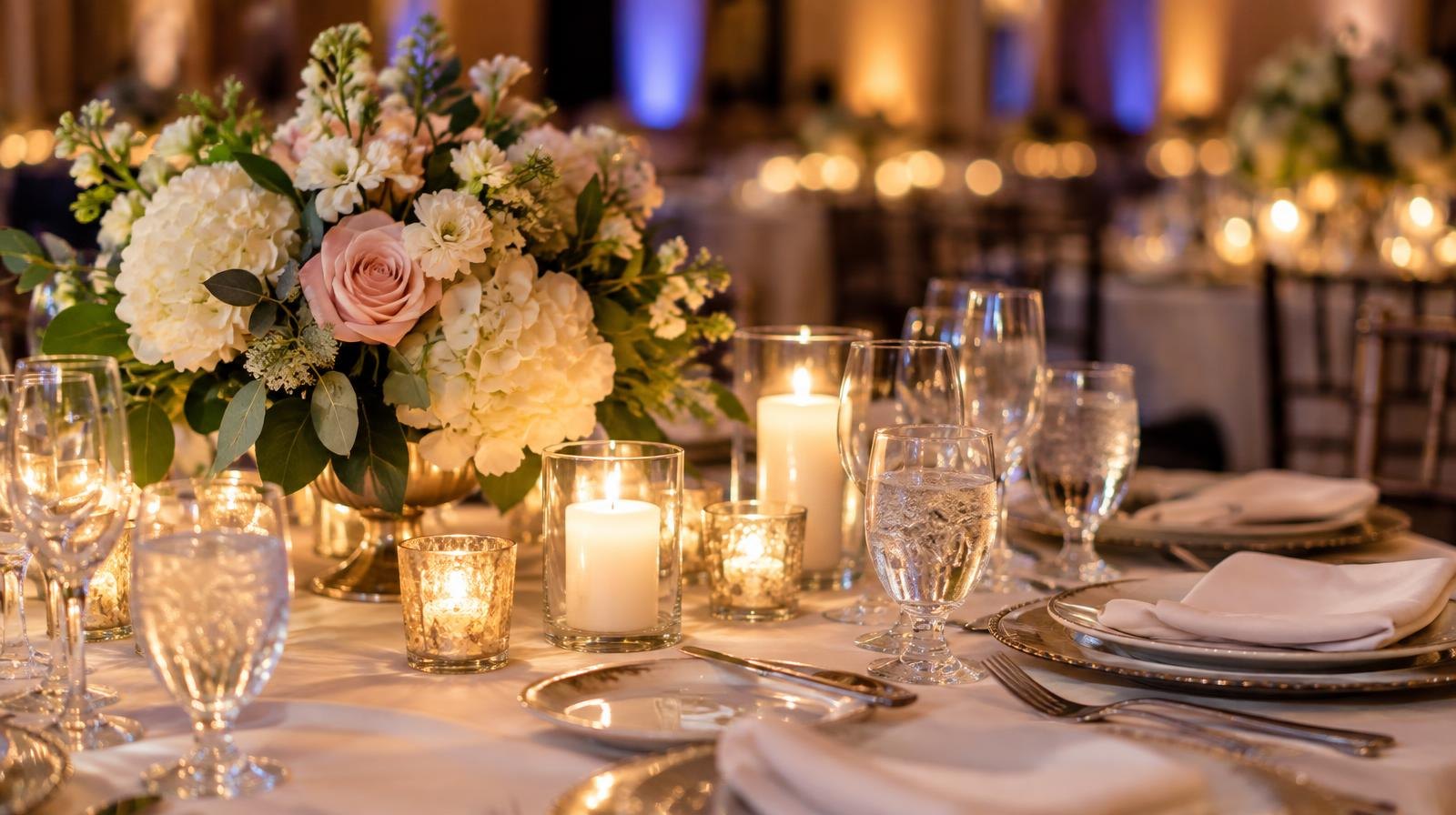 Candlelit gala table with floral centerpiece and white tablecloth.
