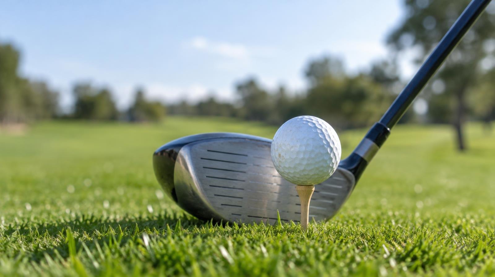 A white golf ball on a wooden tee in short green grass with a club head behind it.