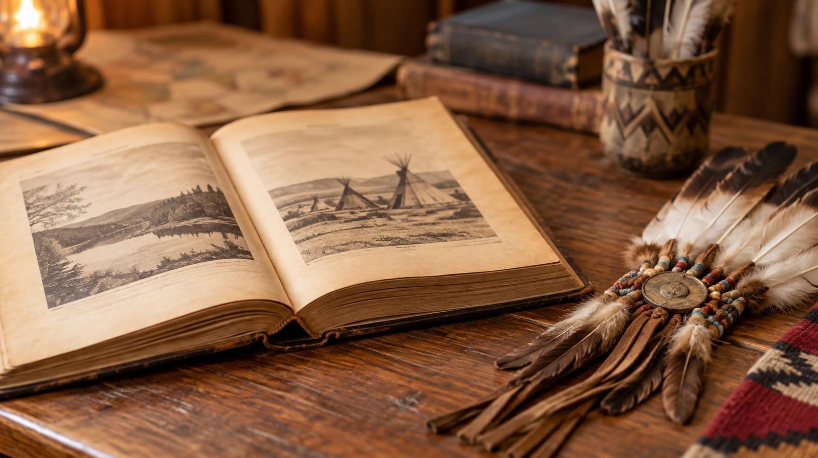Open vintage book beside a feathered decorative object on a wooden table.