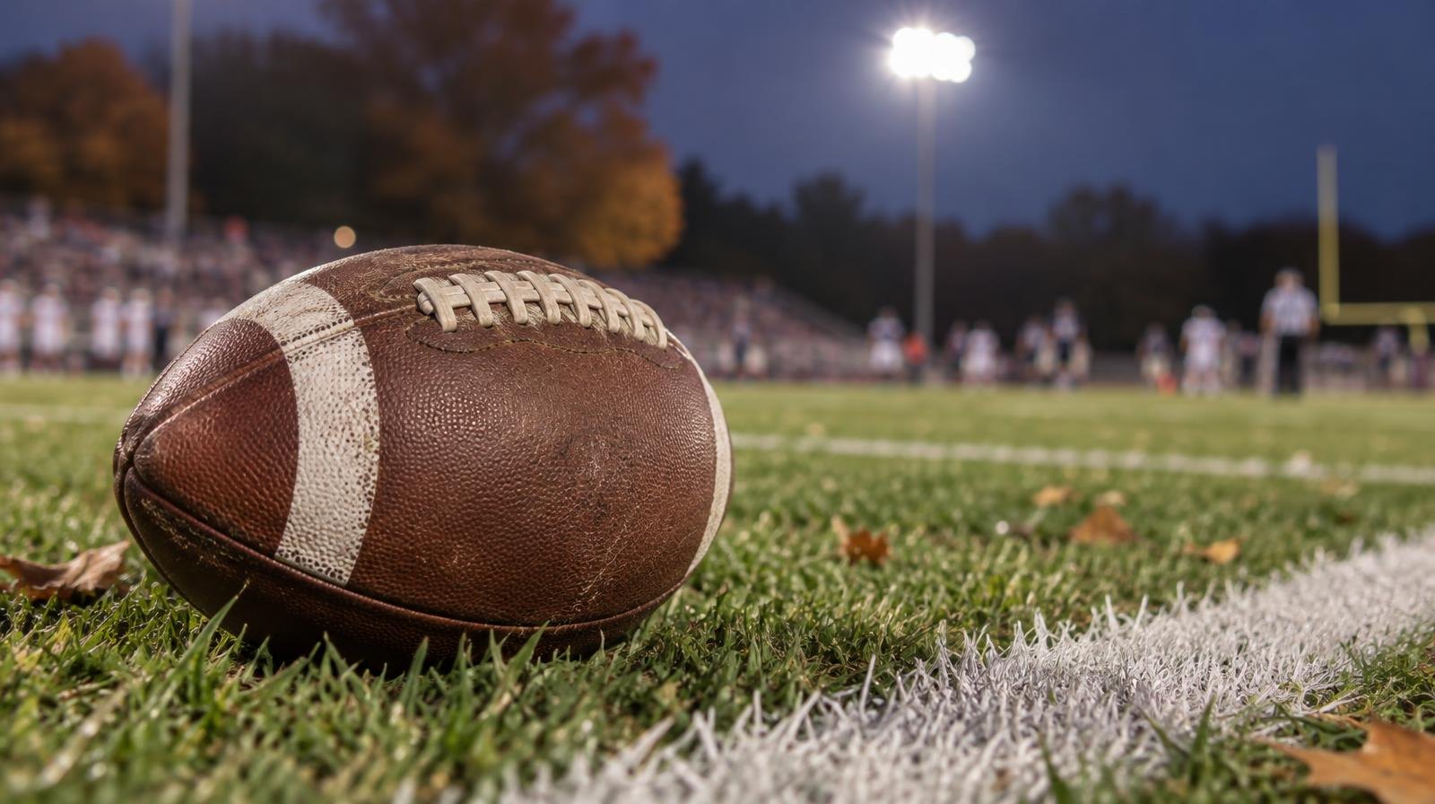 An American football resting on green grass beside a painted white yard line.