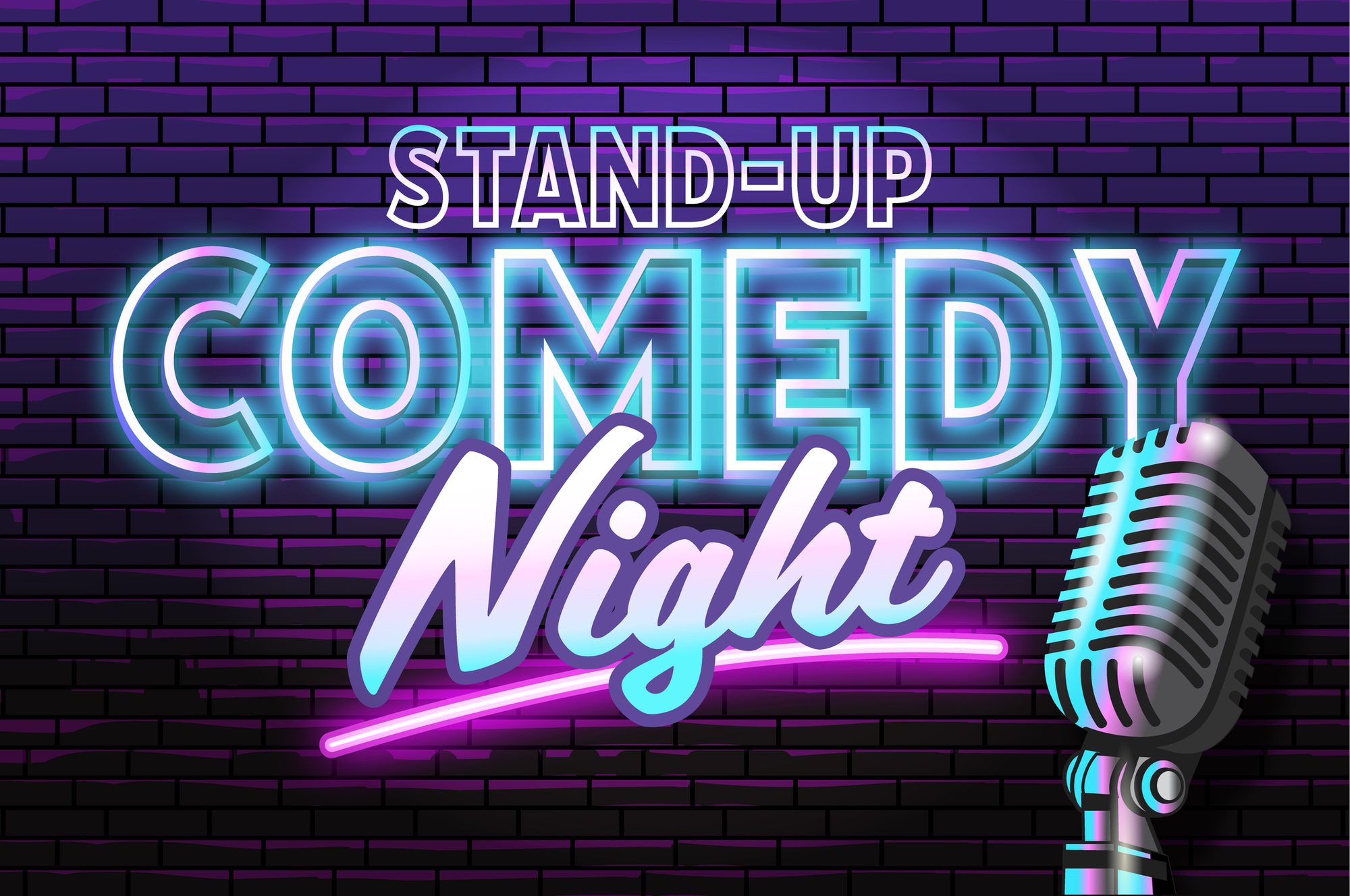 Stand Up Comedy Night neon sign advertisement design concept with retro microphone for restaurants and bars nightlife
