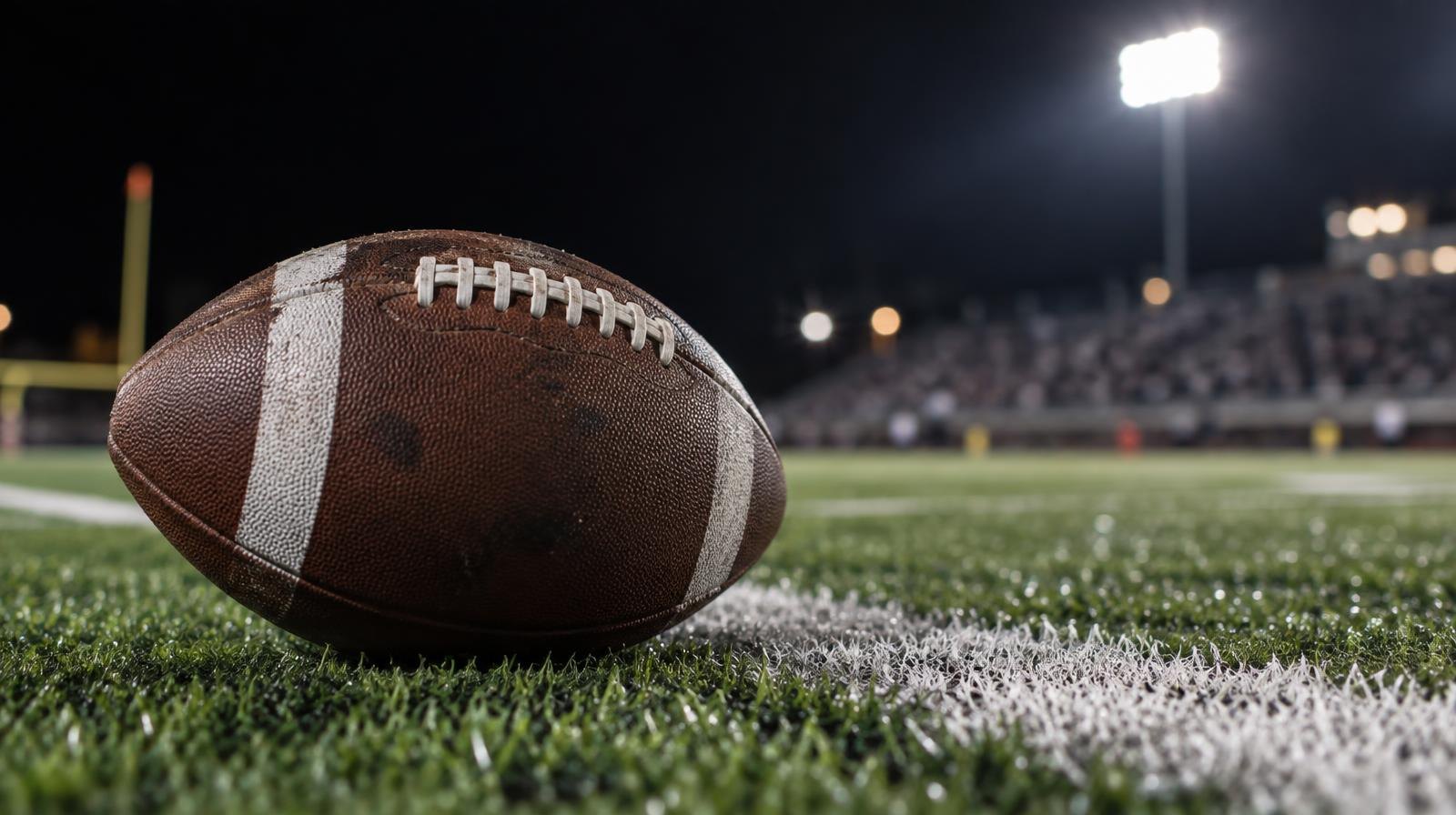 An American football on green turf beside a white yard line under bright stadium lights.