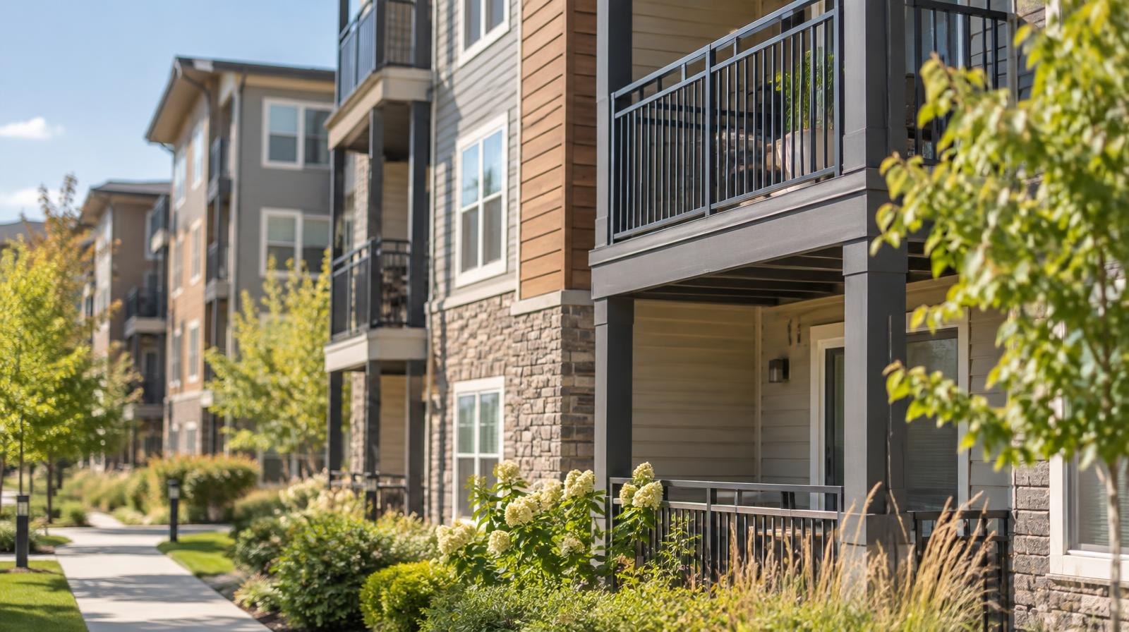 Row of modern multi-story apartment buildings with balconies along a landscaped walkway.