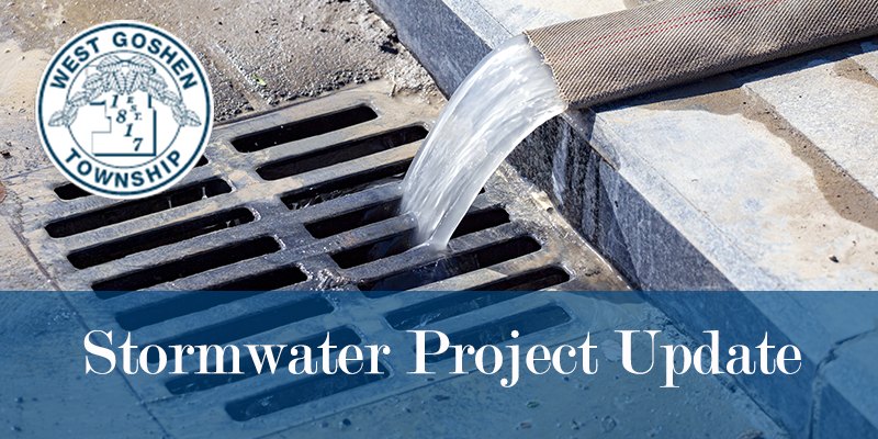 Graphic showing water flowing into a storm drain grate with a township seal and text reading Stormwater Project Update.