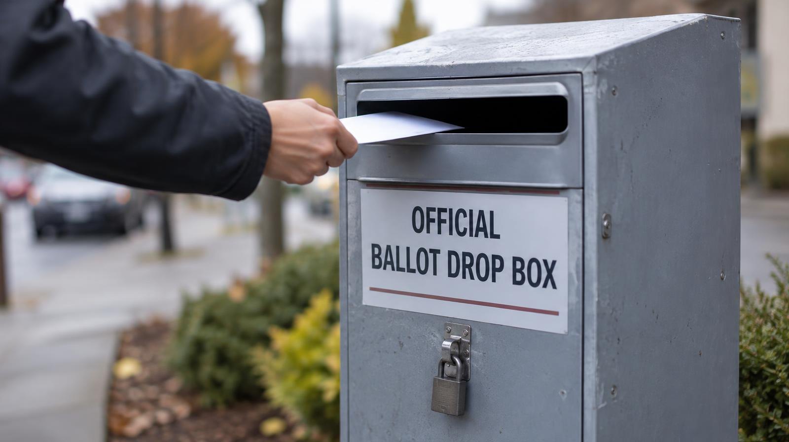 A gray metal ballot drop box with an envelope slot on a sidewalk.