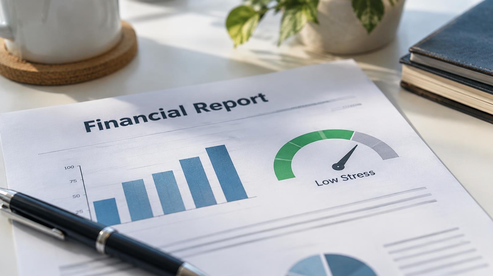 Bar chart on a financial report document beside a green low-stress gauge indicator.