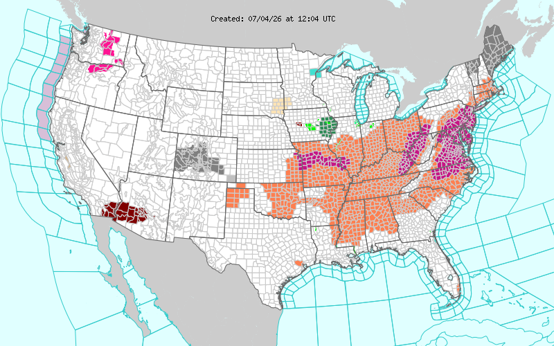 National Weather Service map displaying heat warnings in purple and heat advisories in orange across the eastern United States.