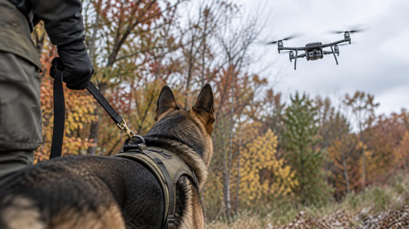 A small drone hovers over autumn trees while a gloved hand holds a K-9 leash in the foreground.