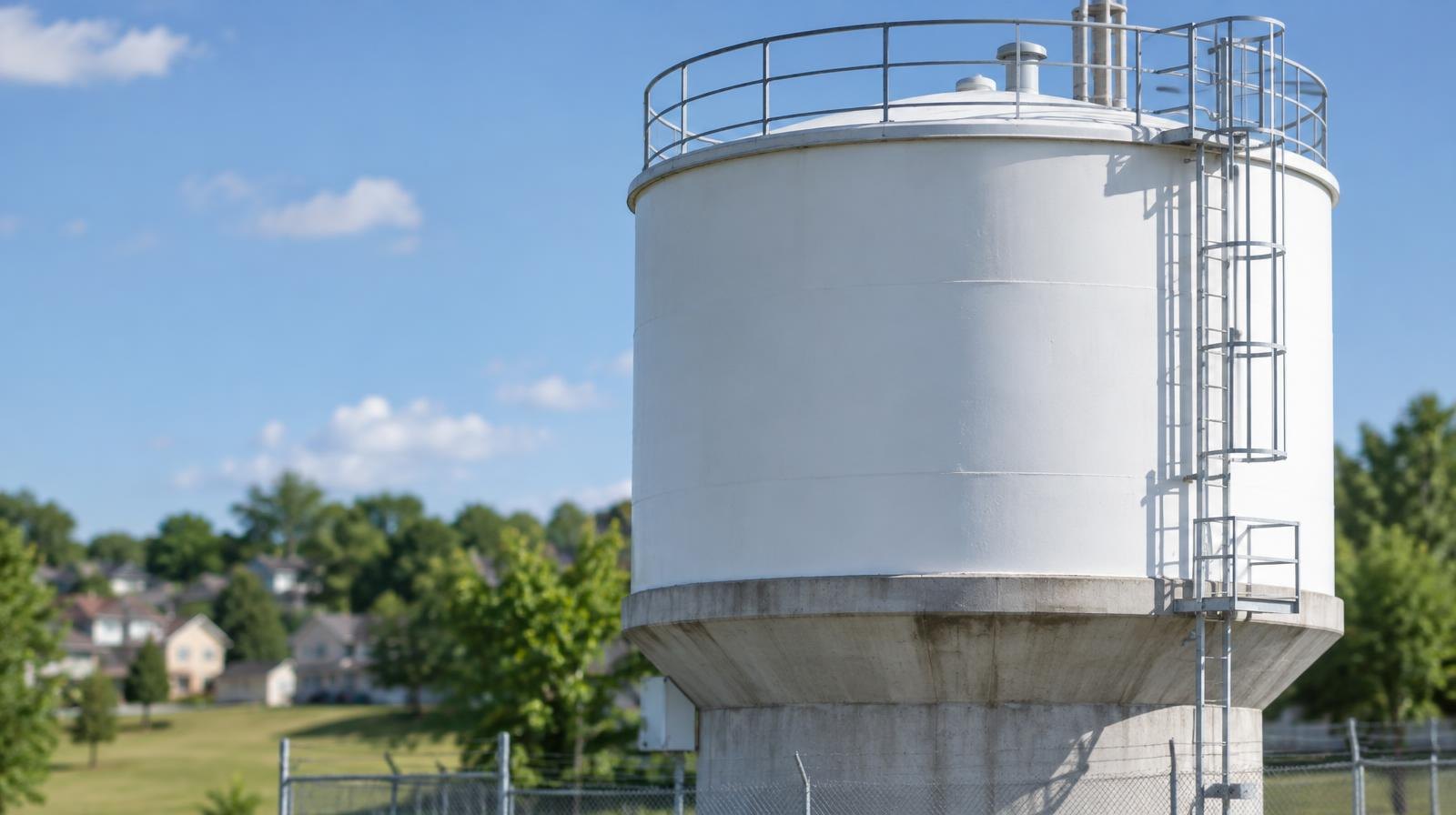 White cylindrical water storage tank on a concrete pedestal with a metal access ladder.