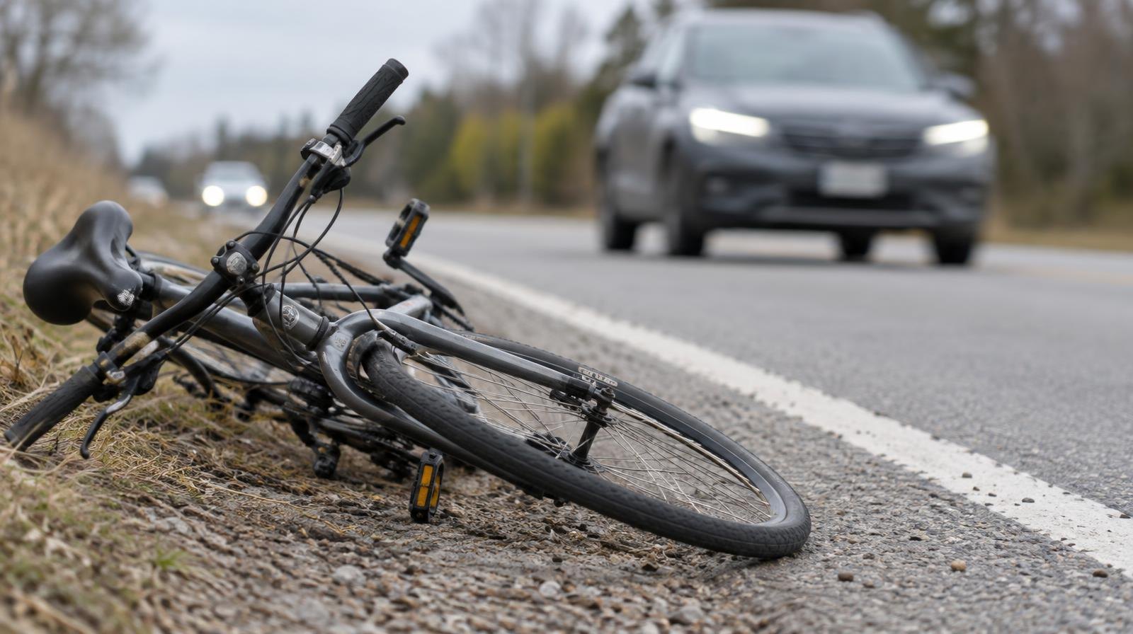 A bicycle lying on a road shoulder next to a painted white line.
