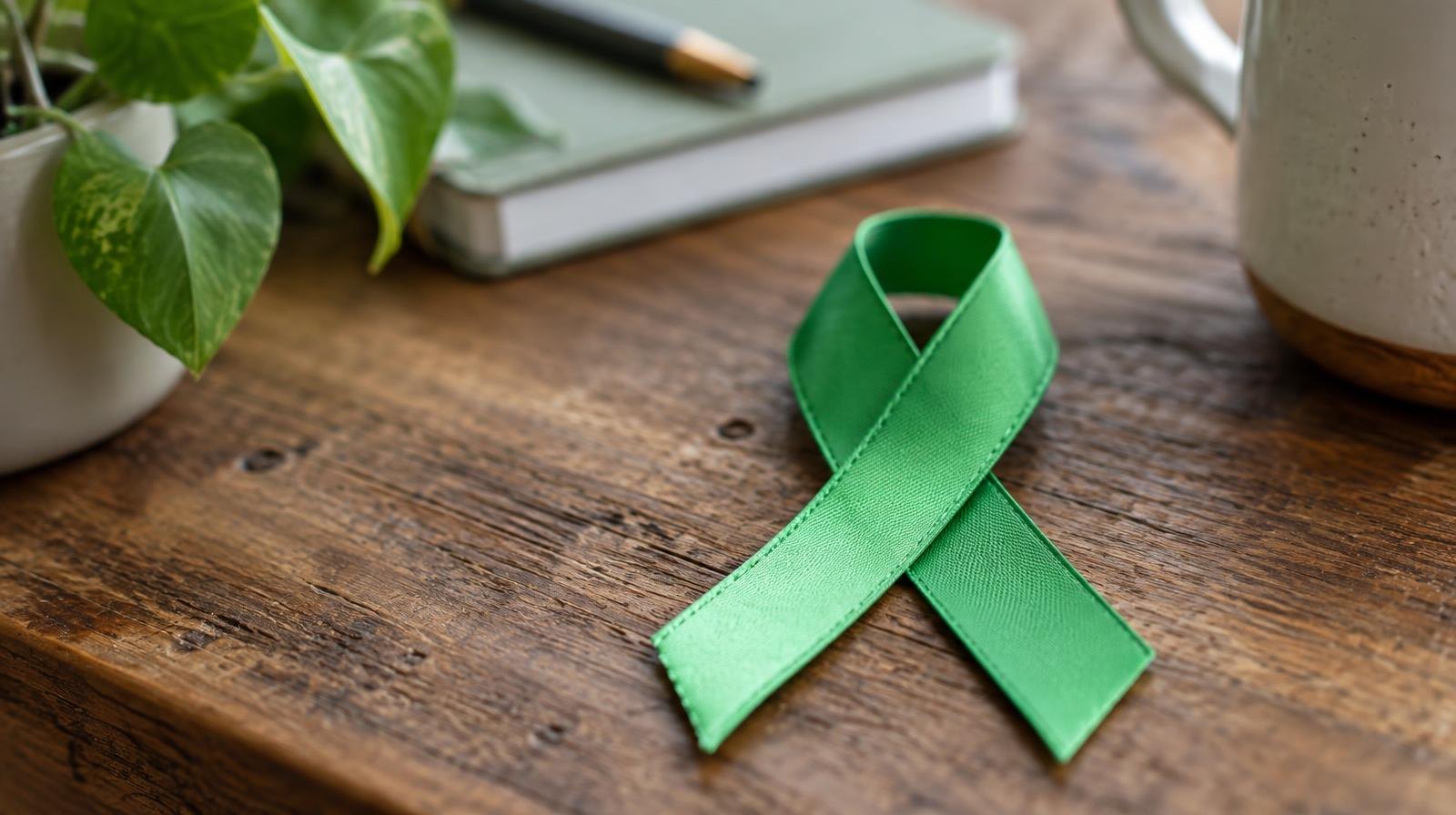 A green awareness ribbon resting on a wooden surface.