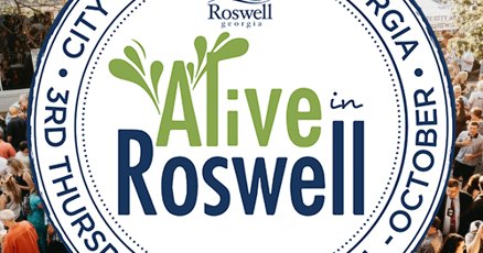 Circular seal reading Alive in Roswell with City of Roswell Georgia branding.