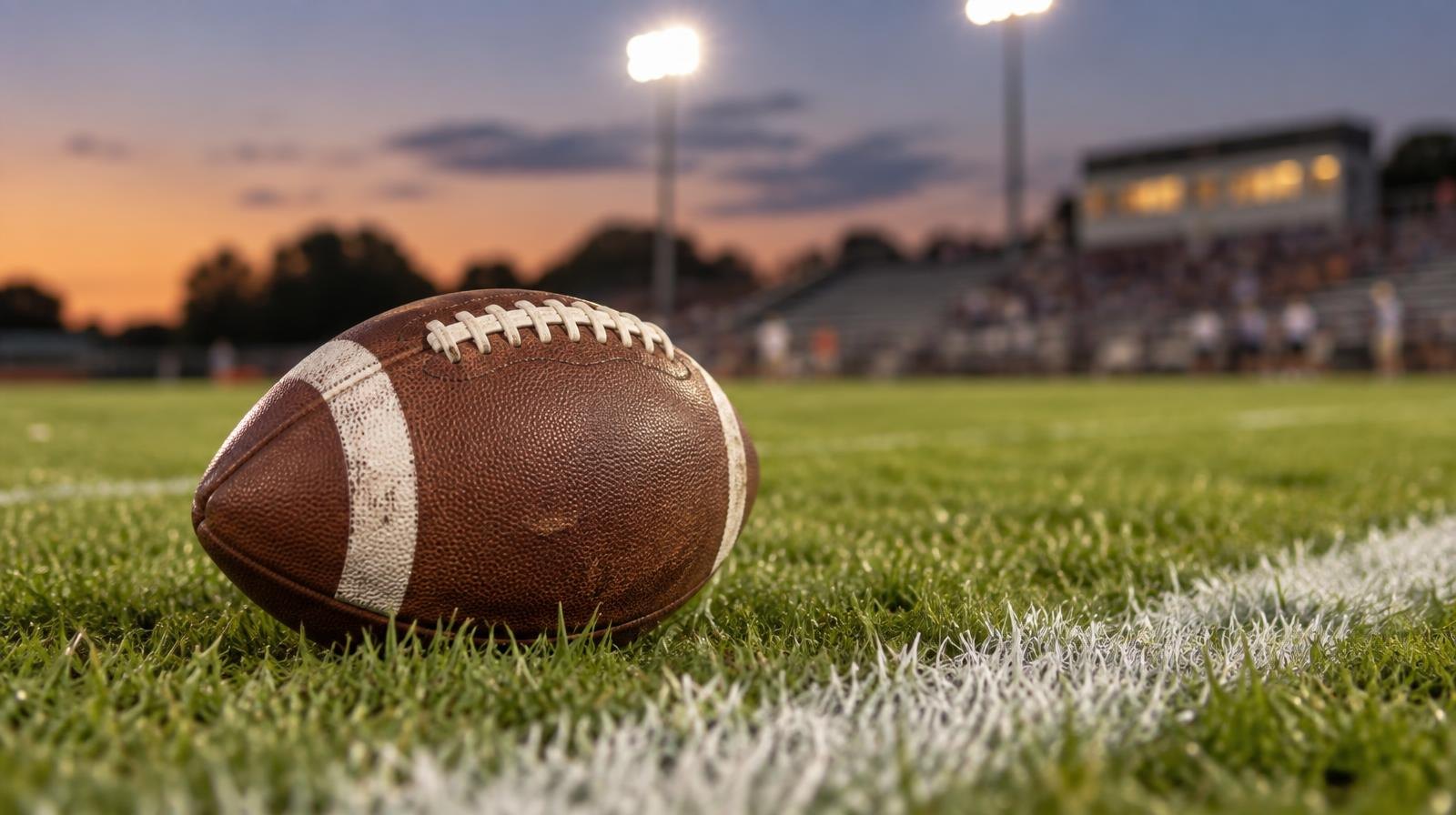 An American football resting on green grass beside a white painted yard line under stadium lights.