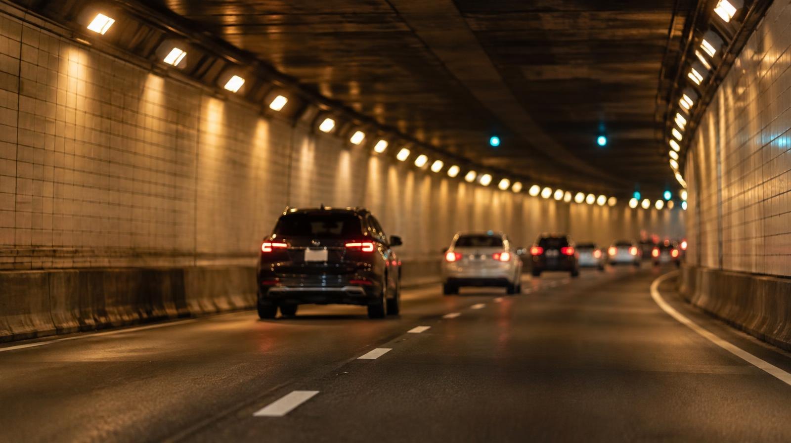 Highway tunnel interior with overhead lights and lane markings on the road.