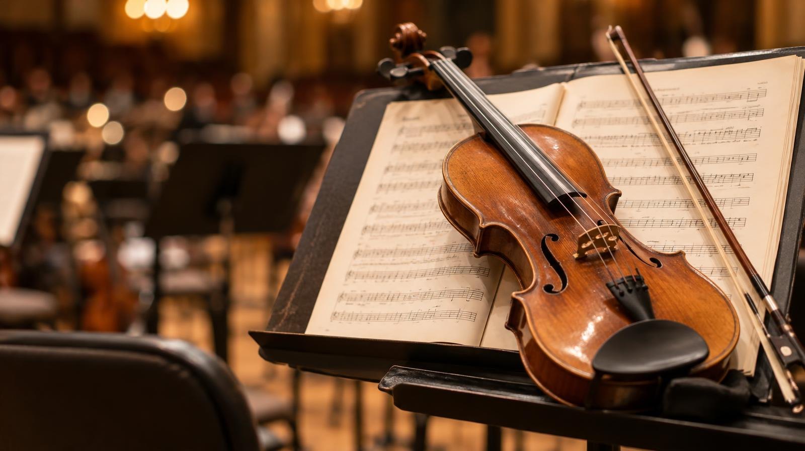 A violin and bow resting on a music stand with open sheet music.