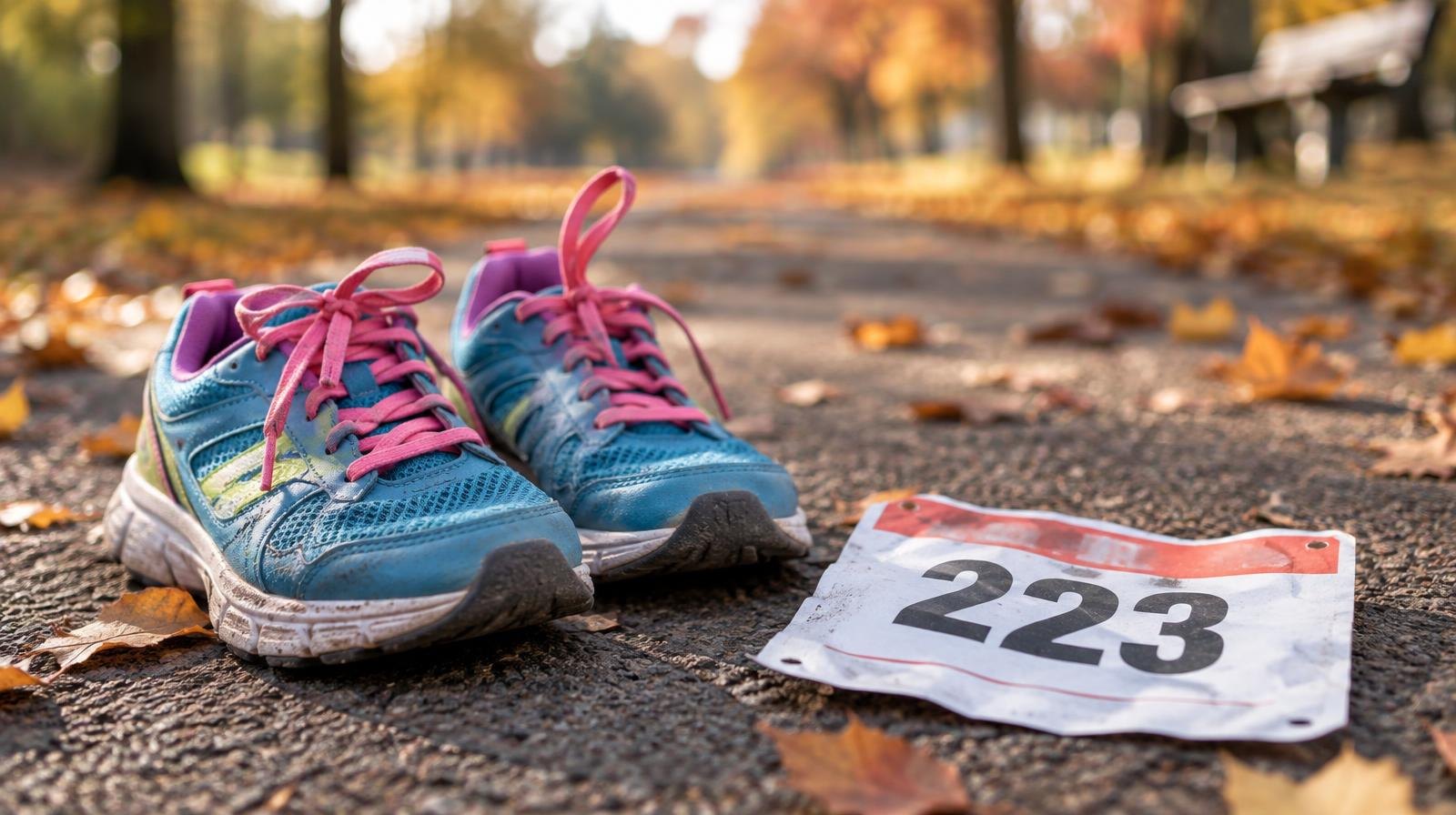 Colorful children's running shoes and a numbered race bib on a park path.