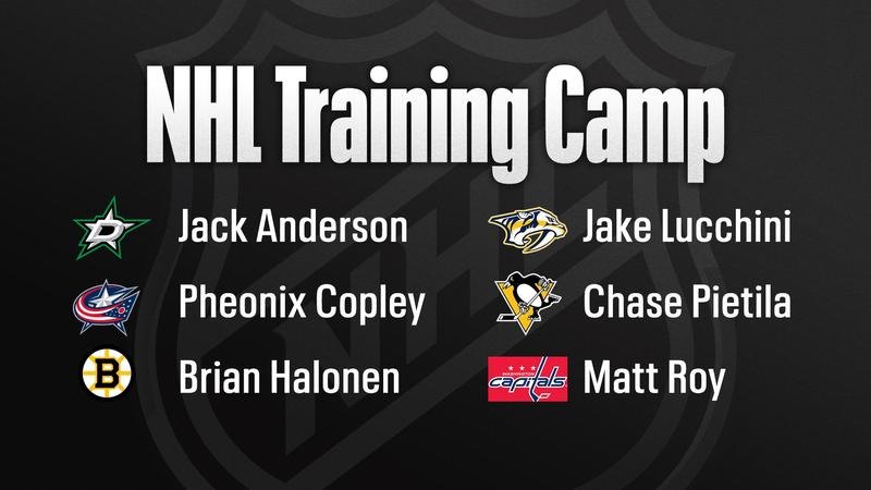 Dark-background graphic listing six hockey players and their NHL team logos under the heading NHL Training Camp.