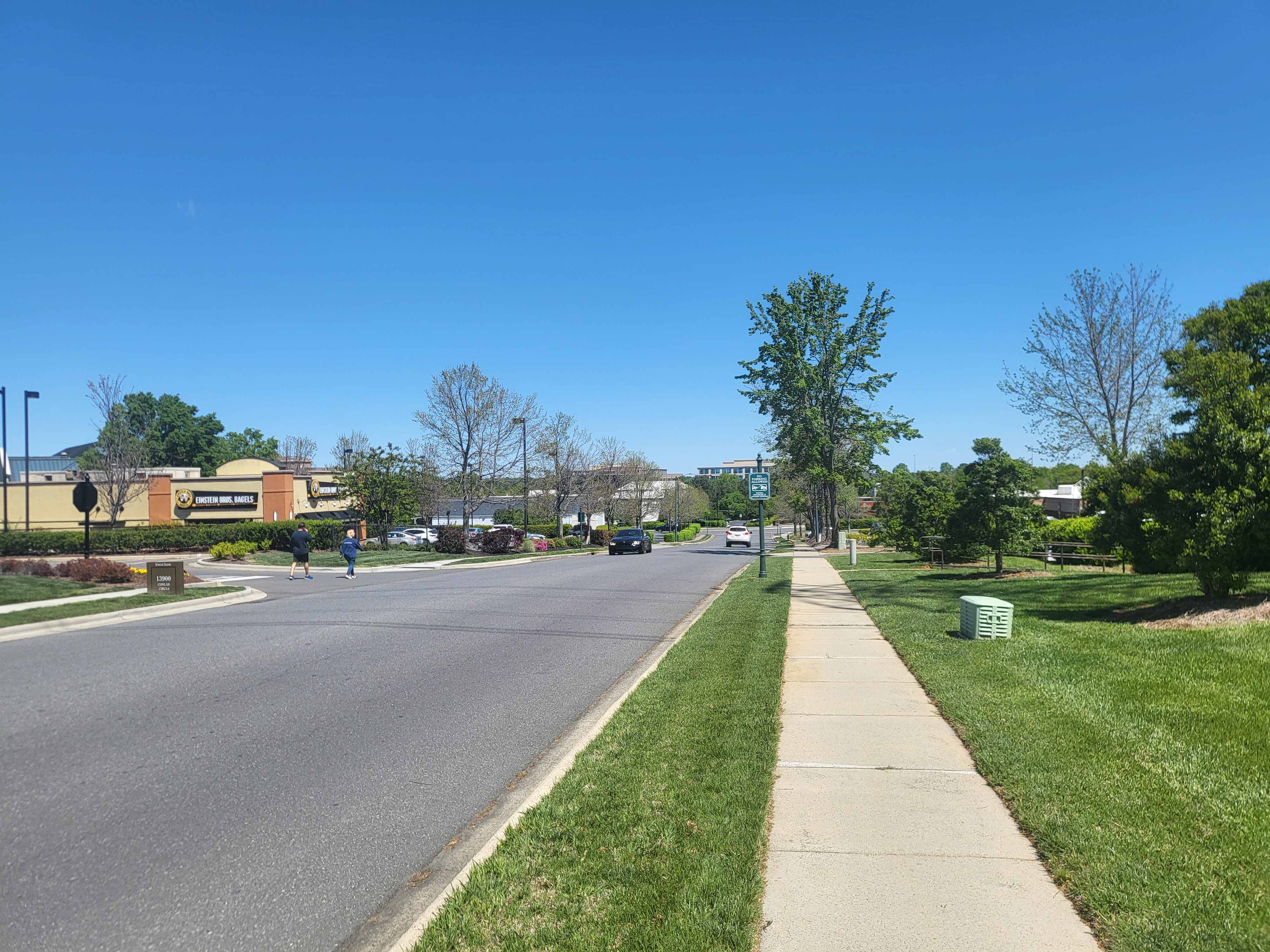 Tree-lined commercial street with office buildings in a suburban corporate park.