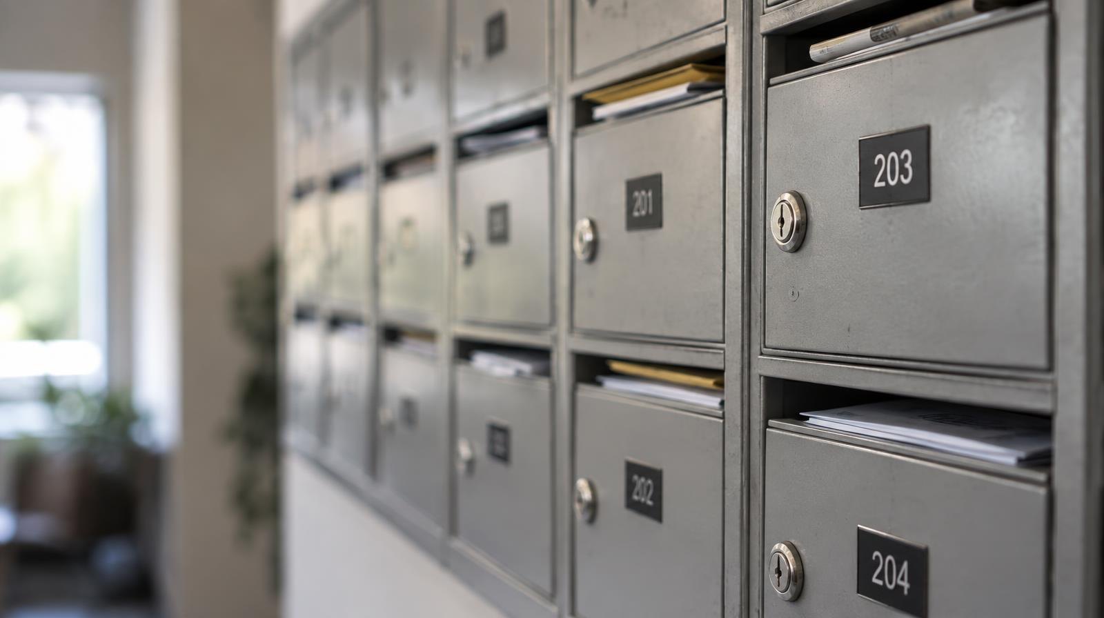 A row of numbered apartment mailboxes in a building hallway.