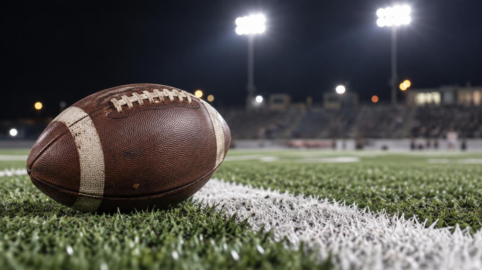 An American football on green artificial turf beside a white yard line under bright lights.