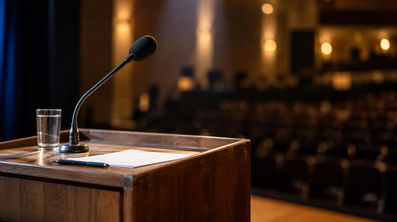 A wooden podium microphone under a single spotlight on a stage.