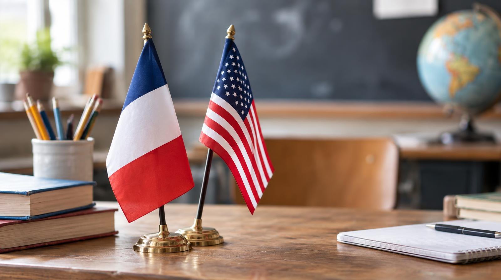 Small French and American flags displayed side by side on a wooden desk.