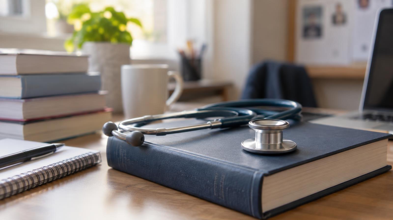 A stethoscope resting on a closed textbook beside a stack of books on a desk.