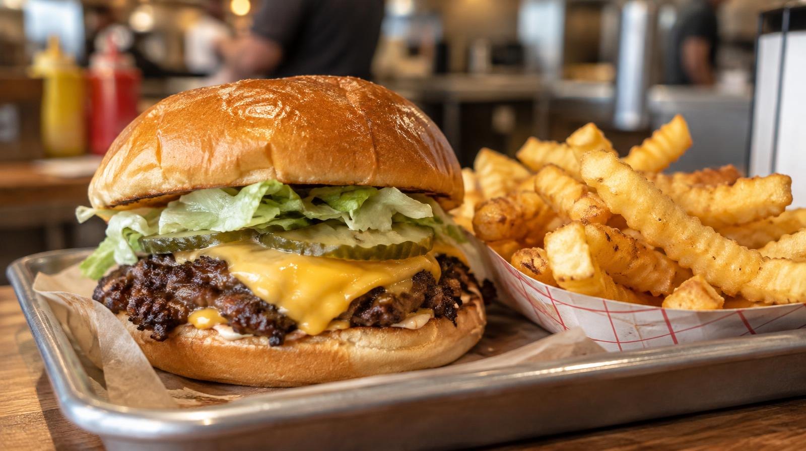 A cheeseburger on a brioche bun with crinkle-cut fries on a tray.