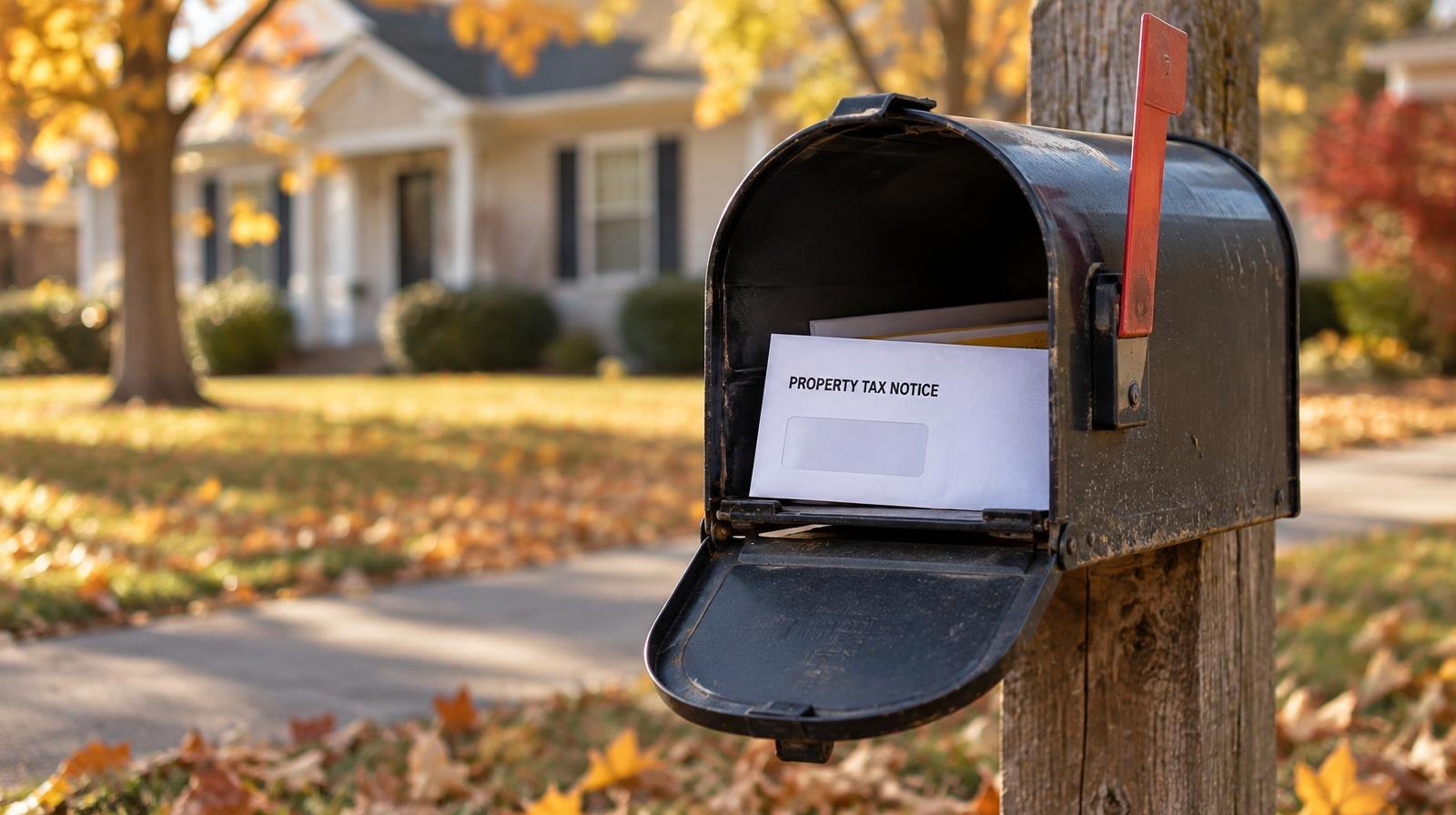 A wooden mailbox post in front of a house on a sunny autumn day.