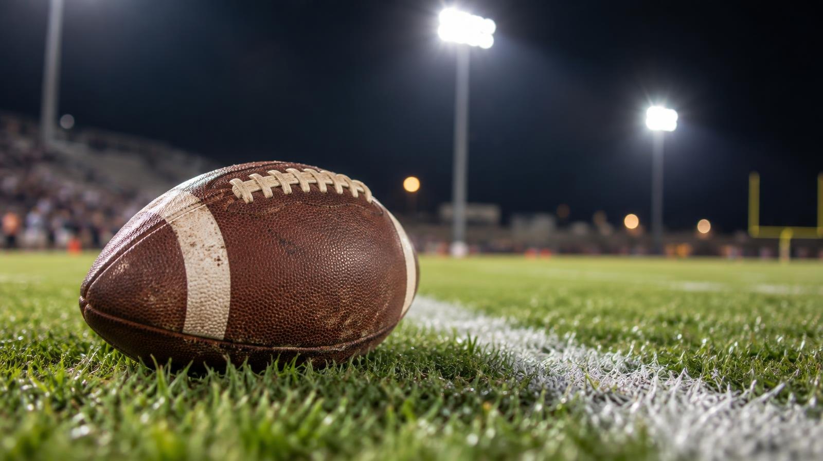 An American football on green grass near a white yard line under bright stadium lights.