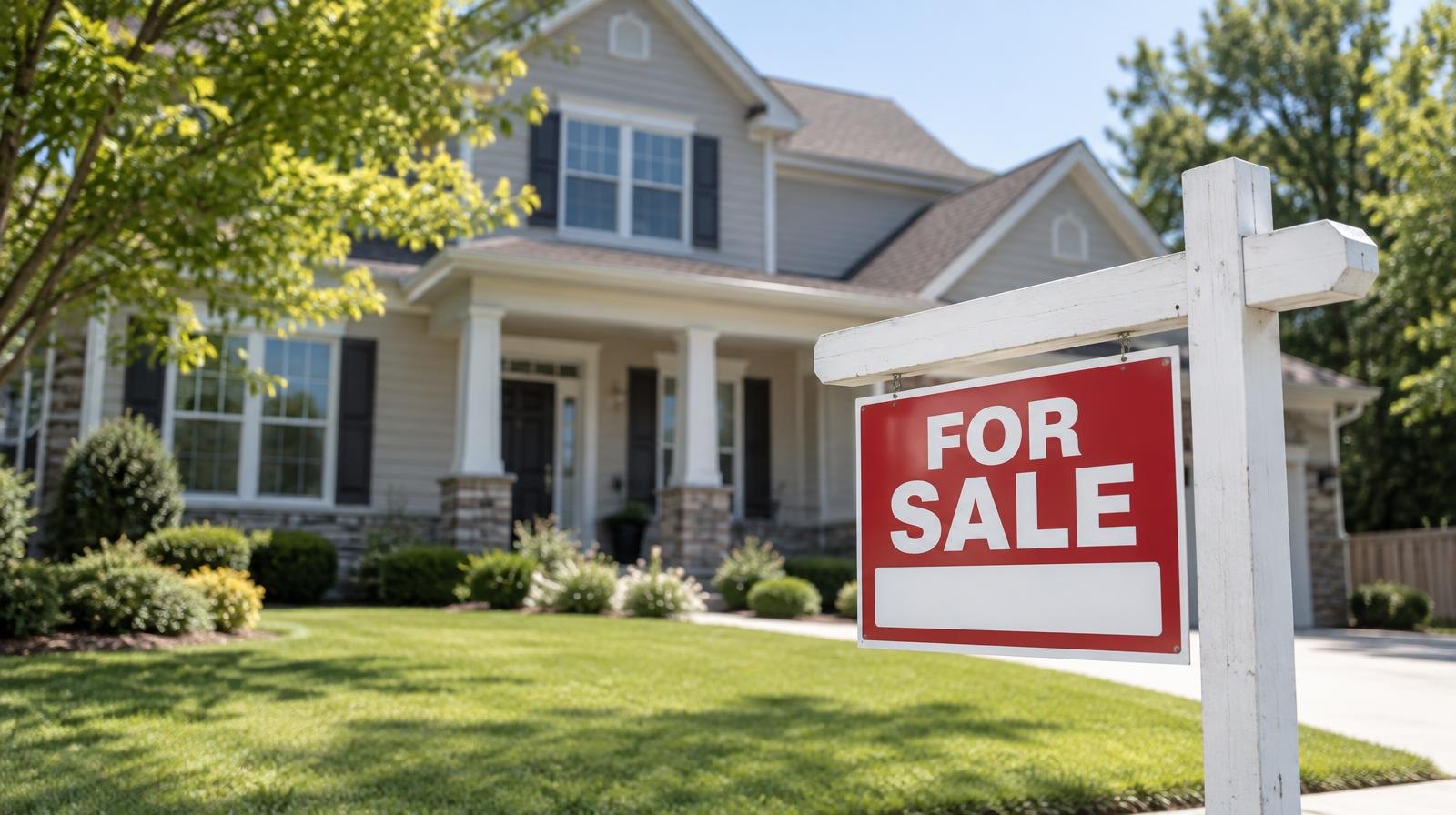 Two-story suburban house with manicured lawn and a for-sale sign.