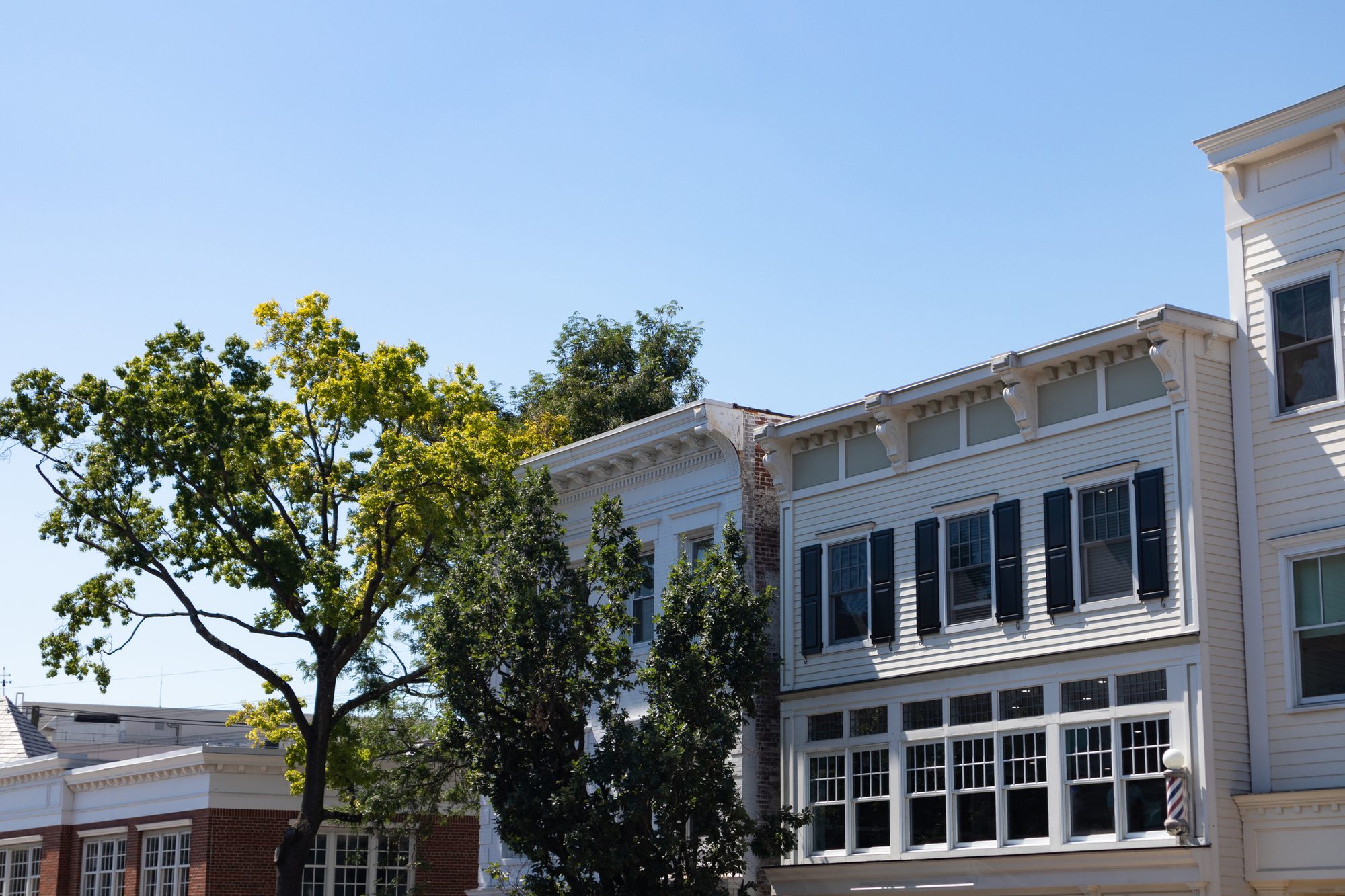 Row of Beautiful Buildings and Green Trees during Summer in Downtown Greenwich Connecticut