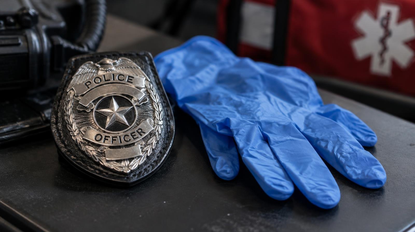 A police badge and a pair of blue EMT gloves on a dark surface.