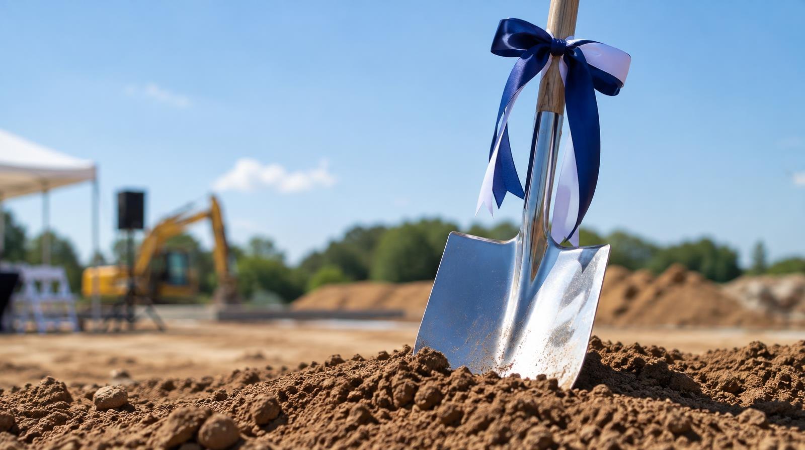 A chrome ceremonial shovel with a ribbon-wrapped handle stuck in a mound of dirt.