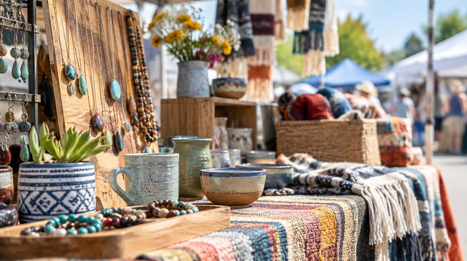 Colorful outdoor vendor booth with handmade jewelry, ceramics, and textiles on display.