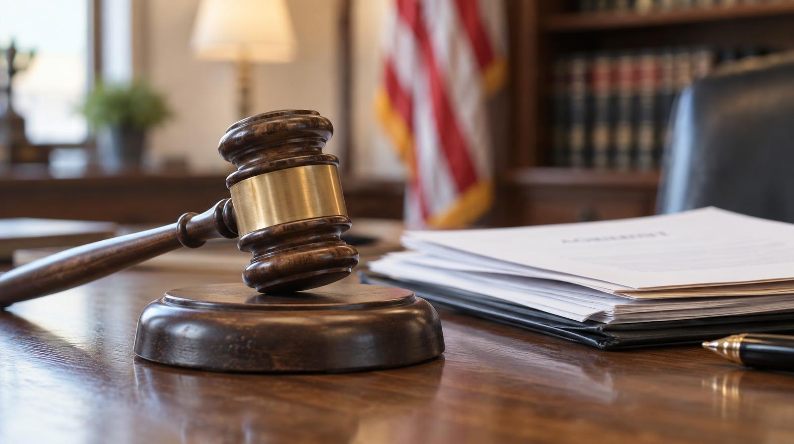 Wooden gavel resting on its sound block on a polished desk.