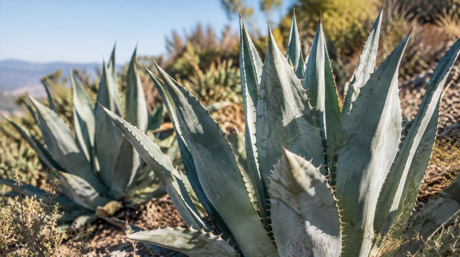Large spiky agave plants with blue-green rosette leaves on a dry hillside.
