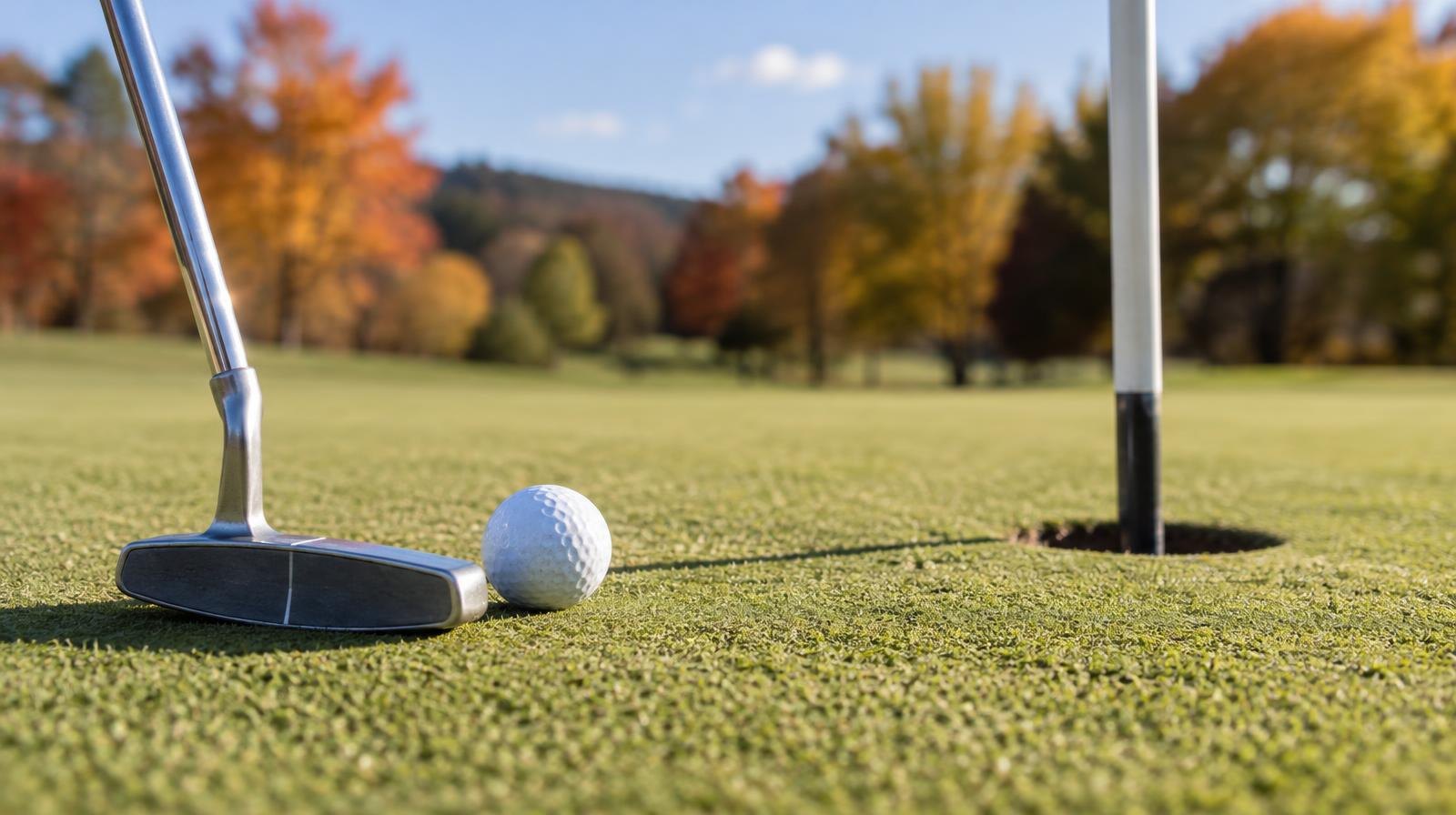 A golf club and ball rest on a closely mown putting green near a flagstick.