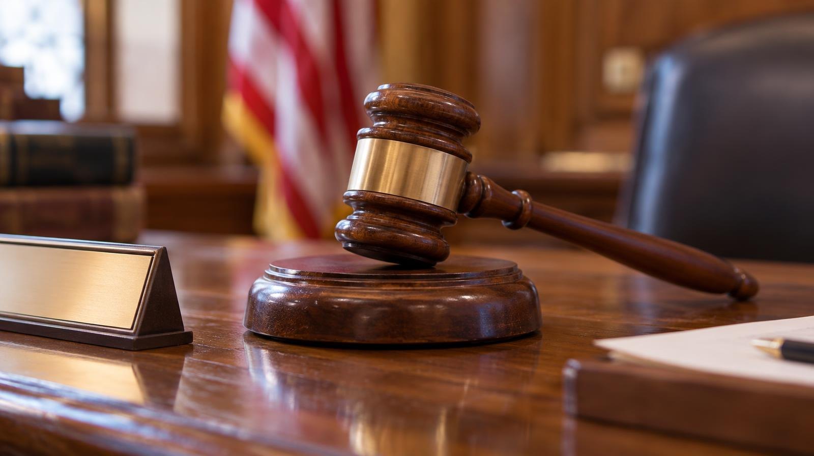 A wooden gavel resting on its sound block on a polished wooden desk.