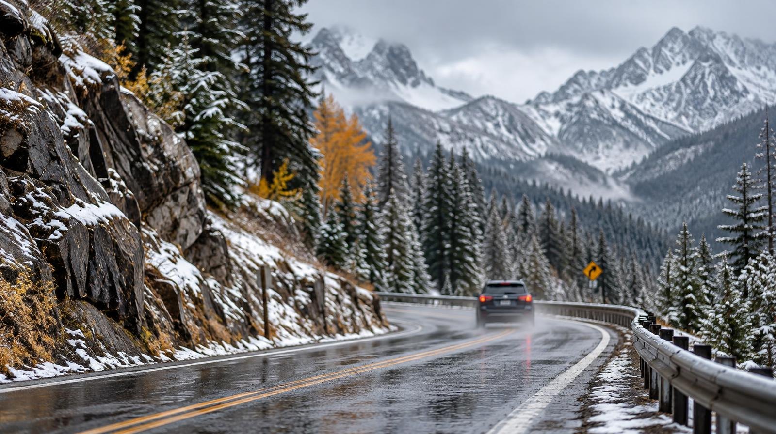 A wet mountain road with snow-dusted pine trees and rocky peaks under overcast skies.