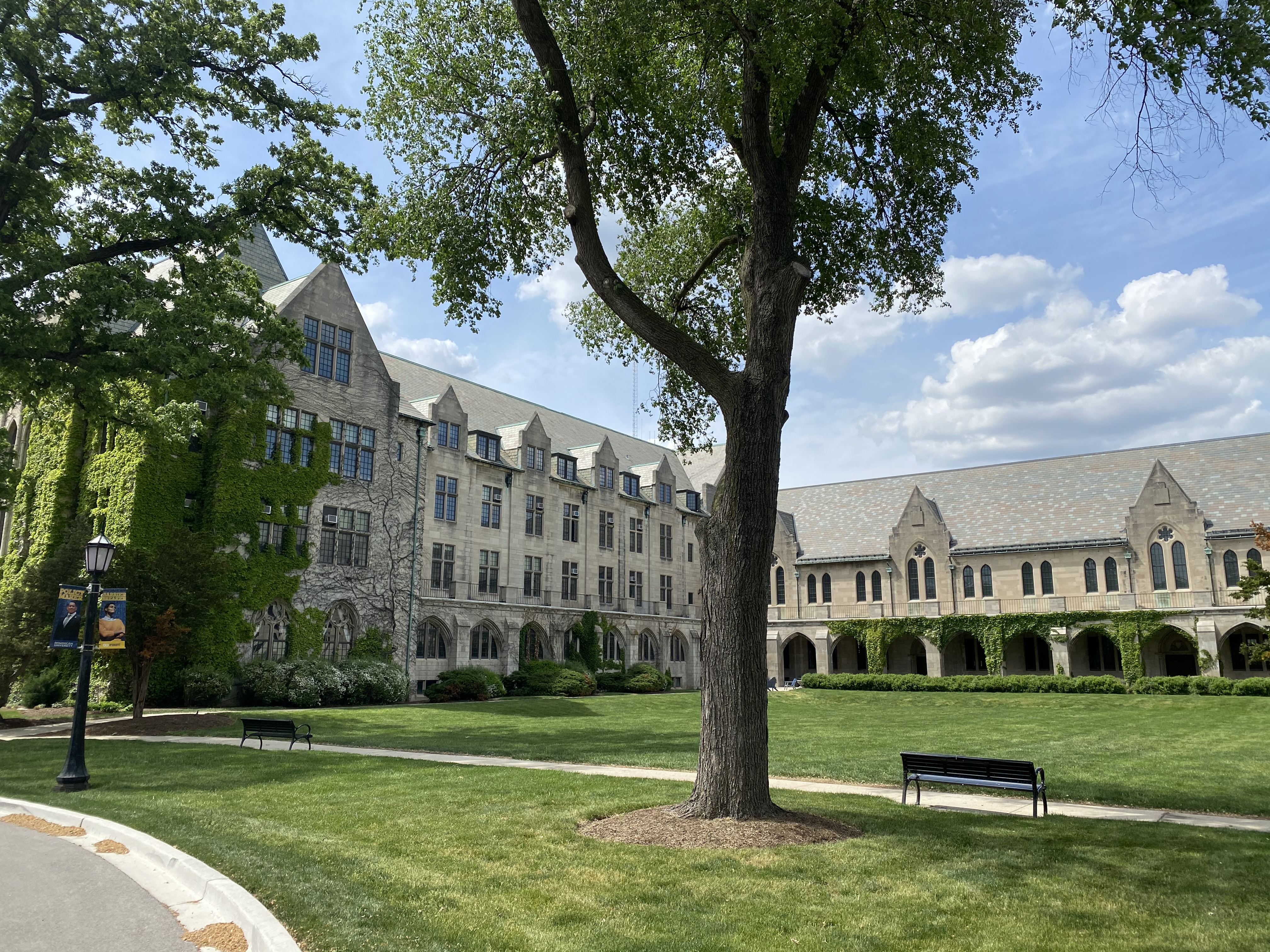 Gothic stone university buildings surrounding a green quad with trees and benches on a sunny day.