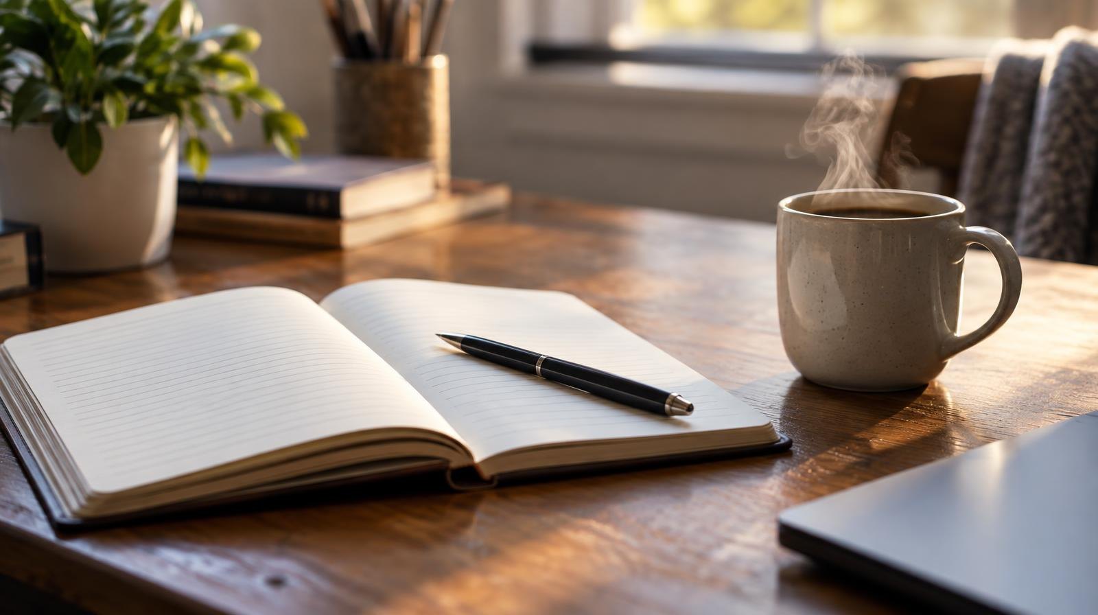 Open notebook and pen on a wooden desk beside a steaming coffee mug in warm window light
