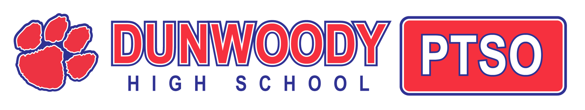 Red and blue logo reading Dunwoody High School with a tiger paw print and PTSO badge.