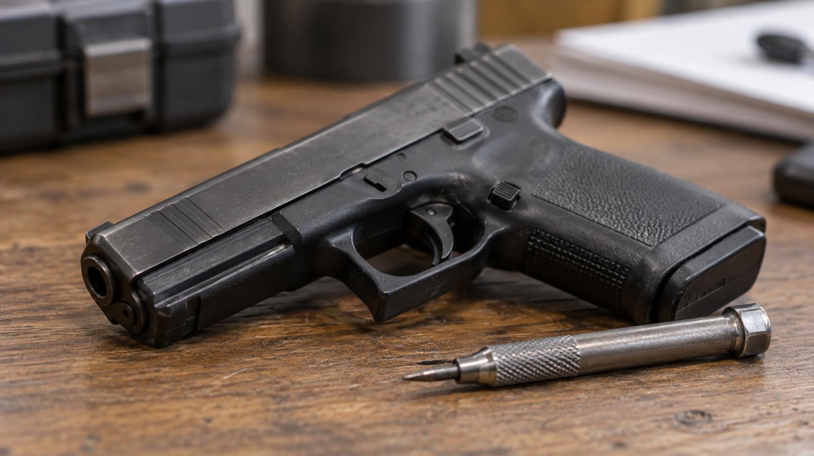 A semi-automatic handgun on a wooden surface next to a small metal engraving tool.