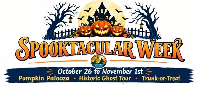 Halloween-themed promotional graphic listing three community events for Spooktacular Week.