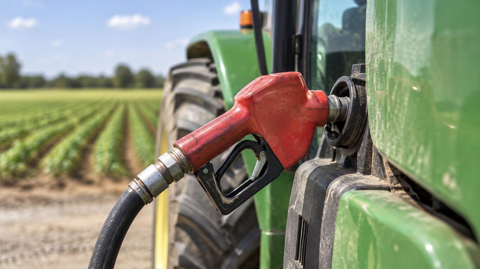 A red diesel fuel nozzle inserted into a green farm tractor's fuel tank.