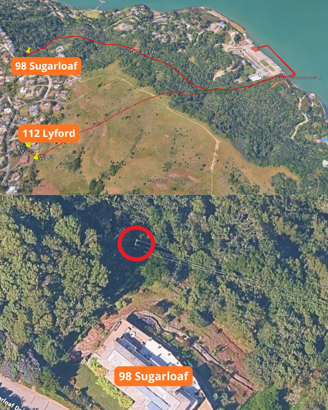 Aerial map marking two utility pole replacement sites on a Tiburon hillside.