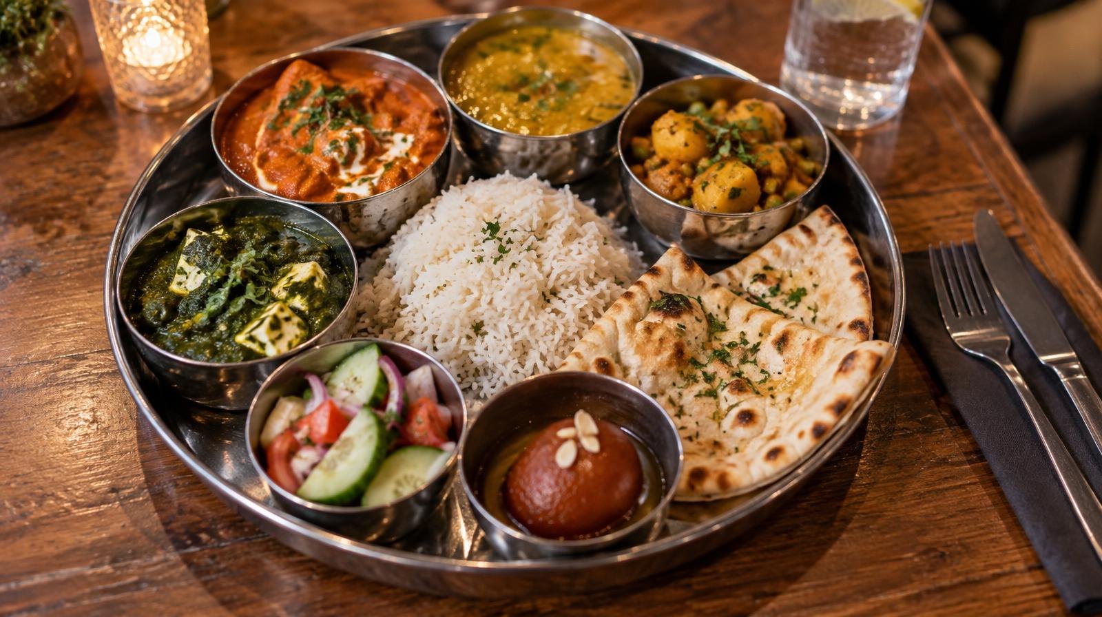Overhead view of a round metal tray with small bowls of colorful curries, rice, and naan bread.