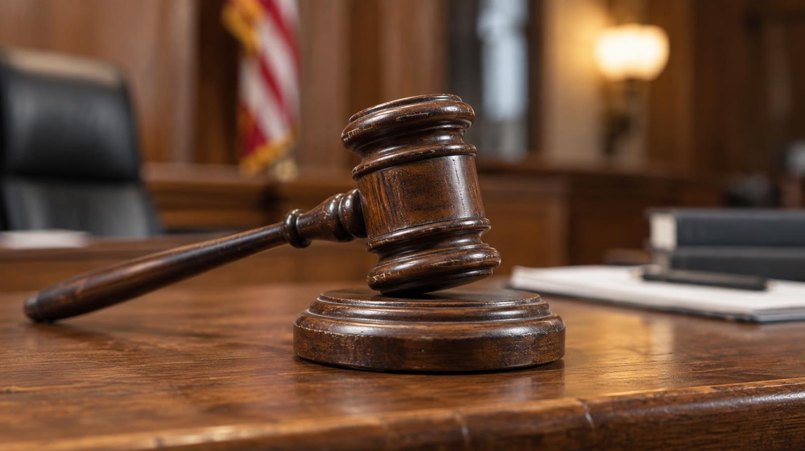 A wooden judge's gavel resting on its sound block on a bench.