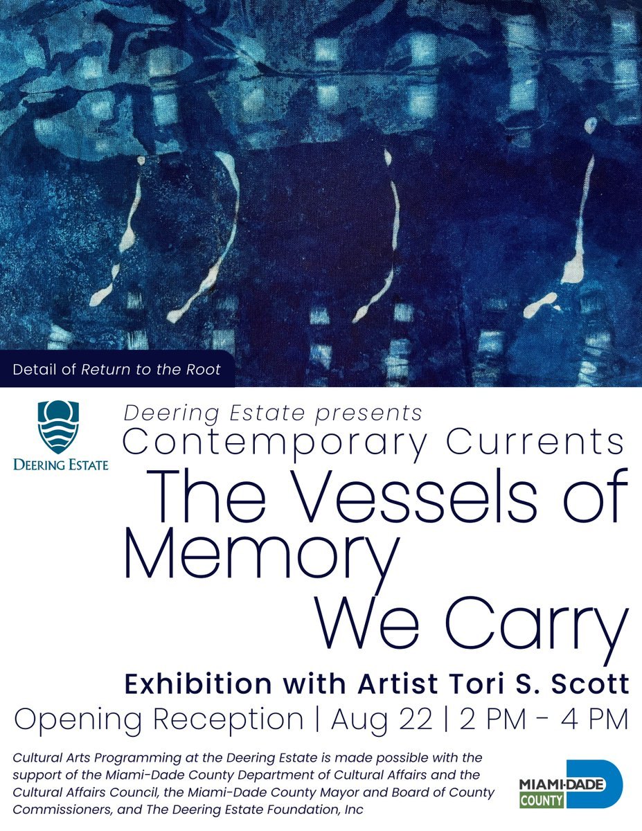 Promotional flyer with blue abstract artwork for a Deering Estate art exhibition.